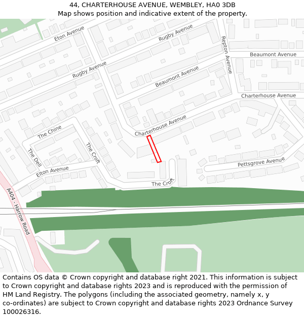 44, CHARTERHOUSE AVENUE, WEMBLEY, HA0 3DB: Location map and indicative extent of plot