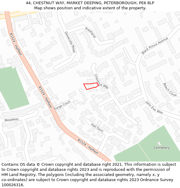 44, CHESTNUT WAY, MARKET DEEPING, PETERBOROUGH, PE6 8LP: Location map and indicative extent of plot