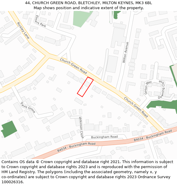 44, CHURCH GREEN ROAD, BLETCHLEY, MILTON KEYNES, MK3 6BL: Location map and indicative extent of plot