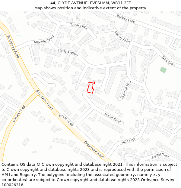 44, CLYDE AVENUE, EVESHAM, WR11 3FE: Location map and indicative extent of plot