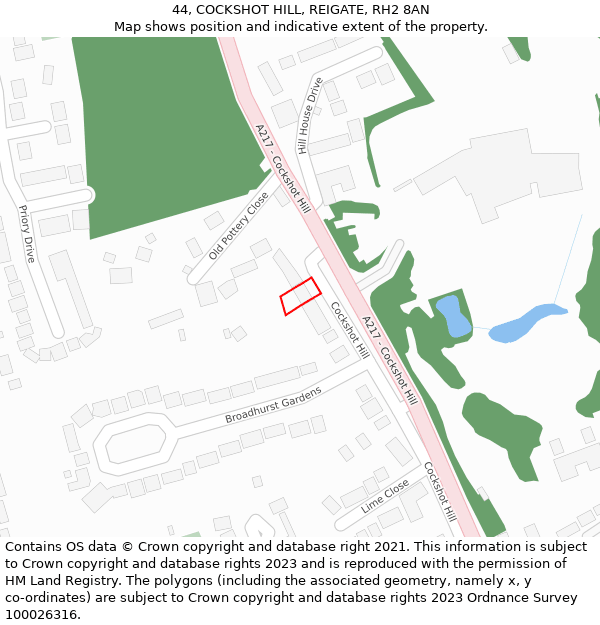 44, COCKSHOT HILL, REIGATE, RH2 8AN: Location map and indicative extent of plot