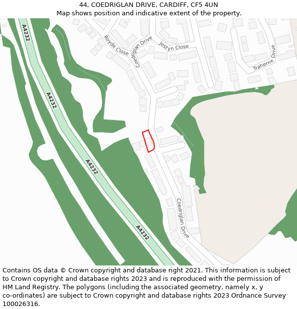 44, COEDRIGLAN DRIVE, CARDIFF, CF5 4UN: Location map and indicative extent of plot