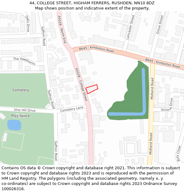 44, COLLEGE STREET, HIGHAM FERRERS, RUSHDEN, NN10 8DZ: Location map and indicative extent of plot