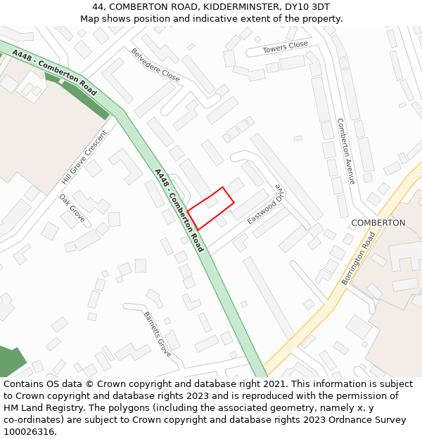 44, COMBERTON ROAD, KIDDERMINSTER, DY10 3DT: Location map and indicative extent of plot
