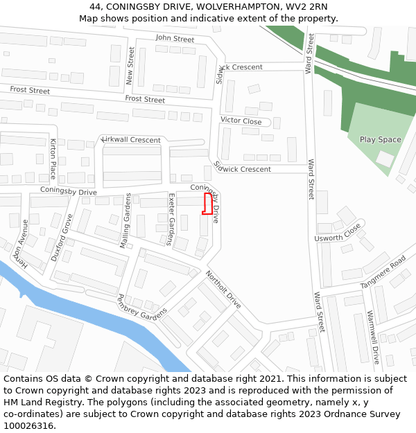 44, CONINGSBY DRIVE, WOLVERHAMPTON, WV2 2RN: Location map and indicative extent of plot