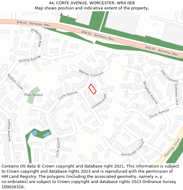 44, CORFE AVENUE, WORCESTER, WR4 0EB: Location map and indicative extent of plot