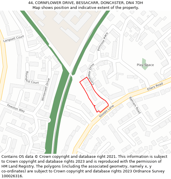 44, CORNFLOWER DRIVE, BESSACARR, DONCASTER, DN4 7DH: Location map and indicative extent of plot