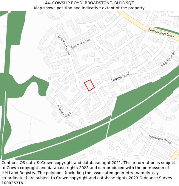 44, COWSLIP ROAD, BROADSTONE, BH18 9QZ: Location map and indicative extent of plot