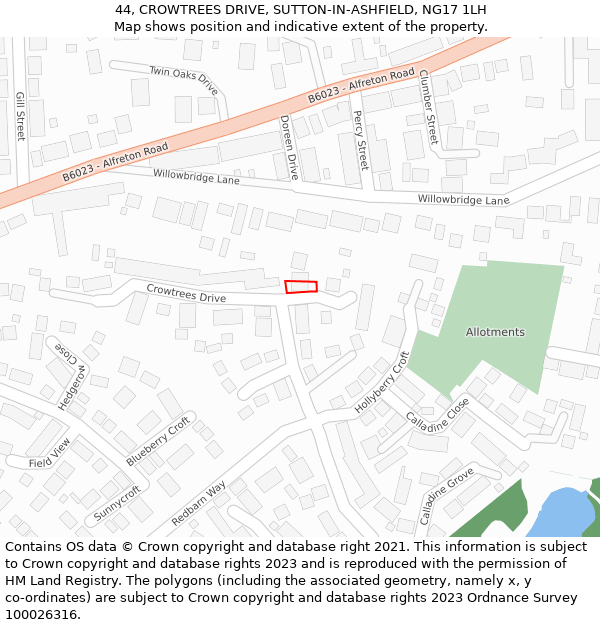 44, CROWTREES DRIVE, SUTTON-IN-ASHFIELD, NG17 1LH: Location map and indicative extent of plot