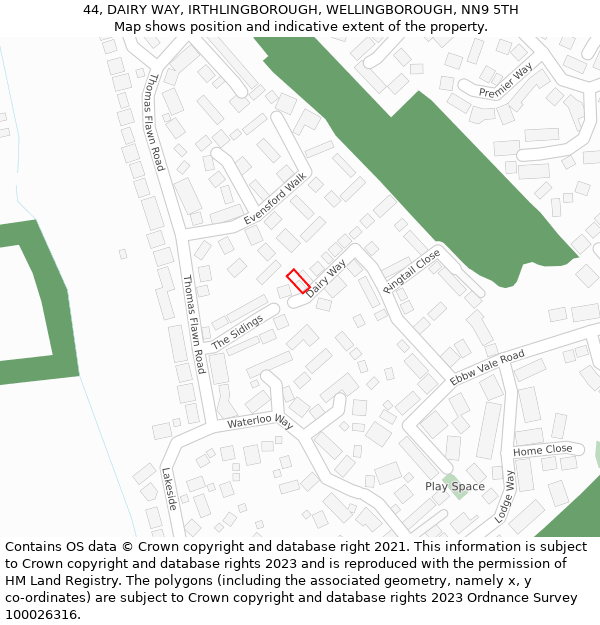 44, DAIRY WAY, IRTHLINGBOROUGH, WELLINGBOROUGH, NN9 5TH: Location map and indicative extent of plot