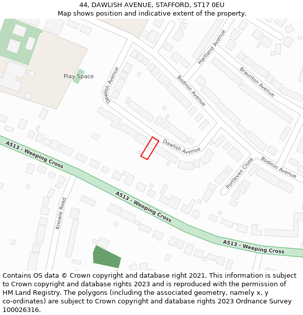 44, DAWLISH AVENUE, STAFFORD, ST17 0EU: Location map and indicative extent of plot