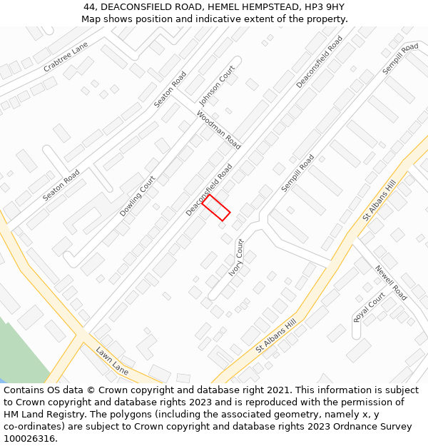 44, DEACONSFIELD ROAD, HEMEL HEMPSTEAD, HP3 9HY: Location map and indicative extent of plot