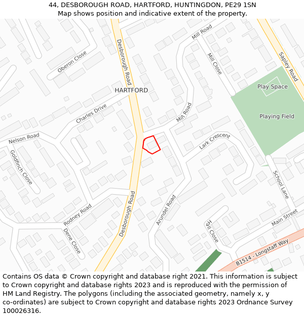 44, DESBOROUGH ROAD, HARTFORD, HUNTINGDON, PE29 1SN: Location map and indicative extent of plot