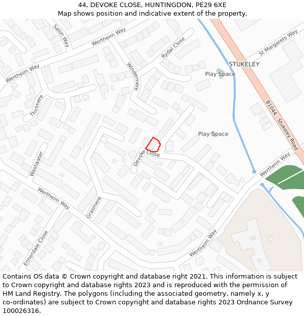 44, DEVOKE CLOSE, HUNTINGDON, PE29 6XE: Location map and indicative extent of plot