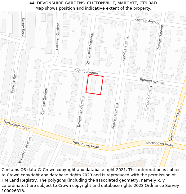 44, DEVONSHIRE GARDENS, CLIFTONVILLE, MARGATE, CT9 3AD: Location map and indicative extent of plot