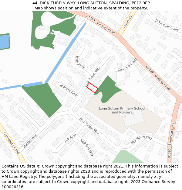 44, DICK TURPIN WAY, LONG SUTTON, SPALDING, PE12 9EP: Location map and indicative extent of plot