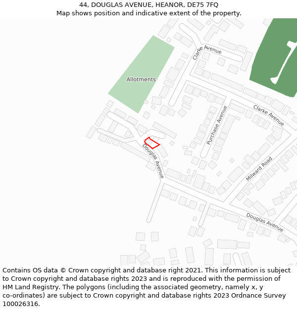 44, DOUGLAS AVENUE, HEANOR, DE75 7FQ: Location map and indicative extent of plot