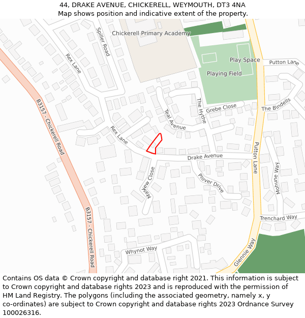 44, DRAKE AVENUE, CHICKERELL, WEYMOUTH, DT3 4NA: Location map and indicative extent of plot