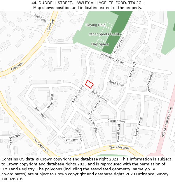 44, DUDDELL STREET, LAWLEY VILLAGE, TELFORD, TF4 2GL: Location map and indicative extent of plot