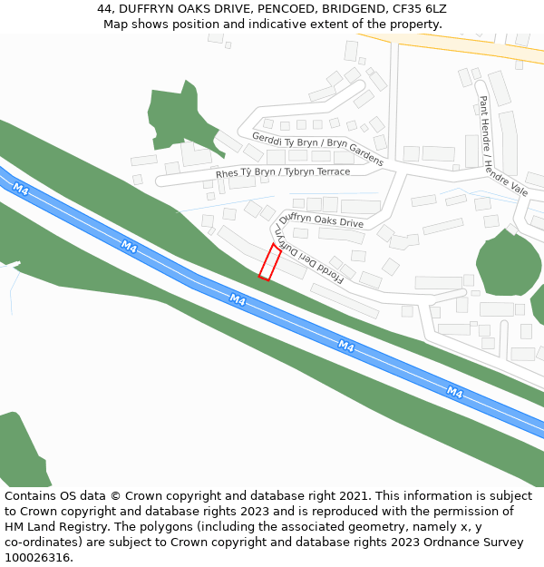 44, DUFFRYN OAKS DRIVE, PENCOED, BRIDGEND, CF35 6LZ: Location map and indicative extent of plot