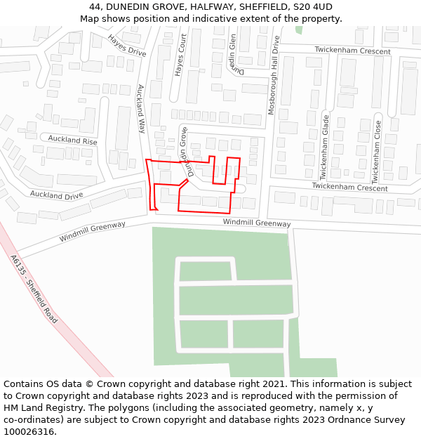 44, DUNEDIN GROVE, HALFWAY, SHEFFIELD, S20 4UD: Location map and indicative extent of plot