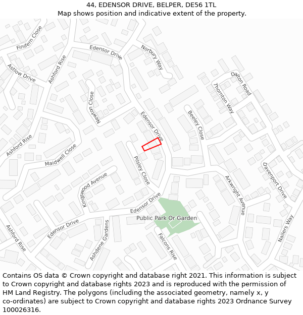 44, EDENSOR DRIVE, BELPER, DE56 1TL: Location map and indicative extent of plot