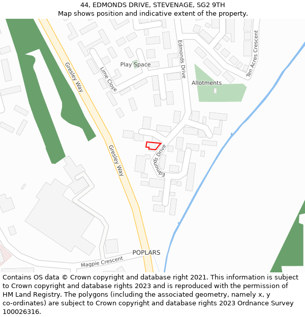 44, EDMONDS DRIVE, STEVENAGE, SG2 9TH: Location map and indicative extent of plot