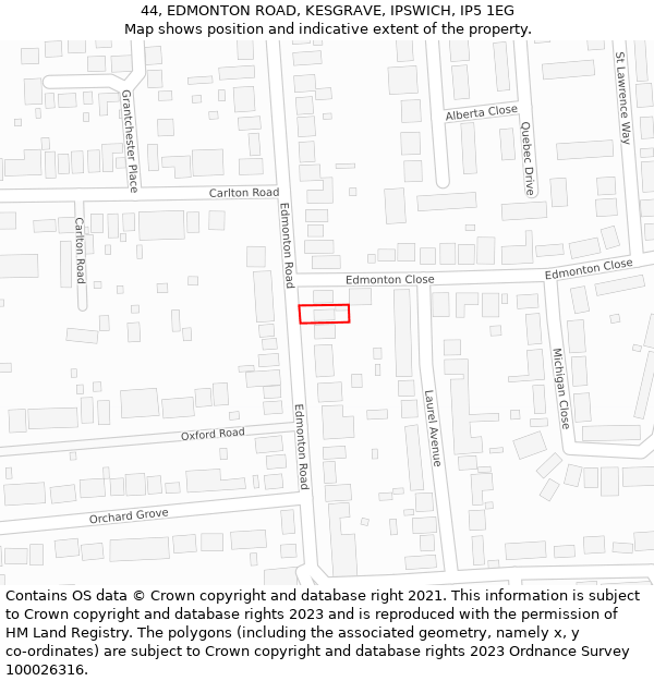 44, EDMONTON ROAD, KESGRAVE, IPSWICH, IP5 1EG: Location map and indicative extent of plot