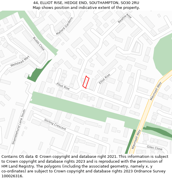 44, ELLIOT RISE, HEDGE END, SOUTHAMPTON, SO30 2RU: Location map and indicative extent of plot