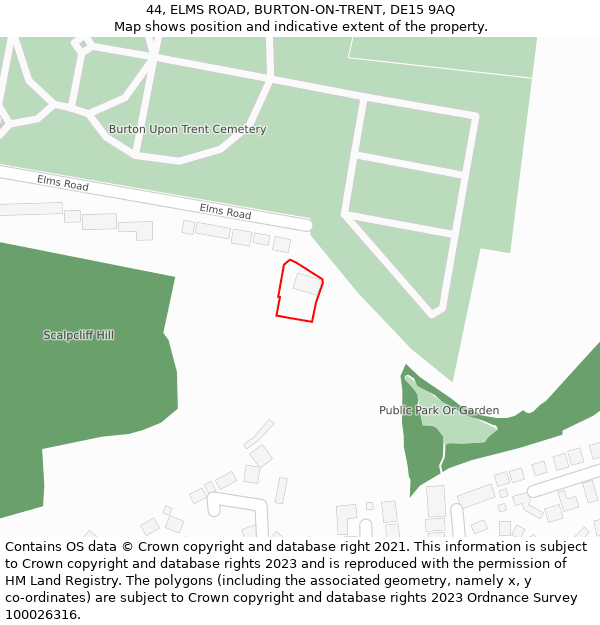 44, ELMS ROAD, BURTON-ON-TRENT, DE15 9AQ: Location map and indicative extent of plot