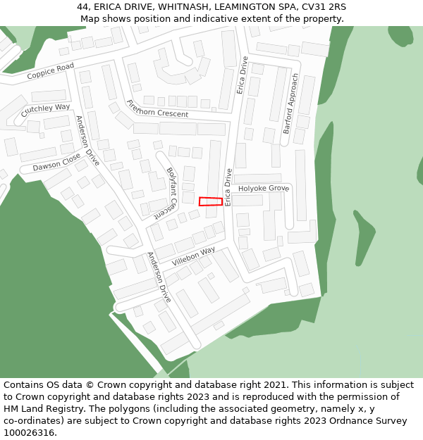 44, ERICA DRIVE, WHITNASH, LEAMINGTON SPA, CV31 2RS: Location map and indicative extent of plot