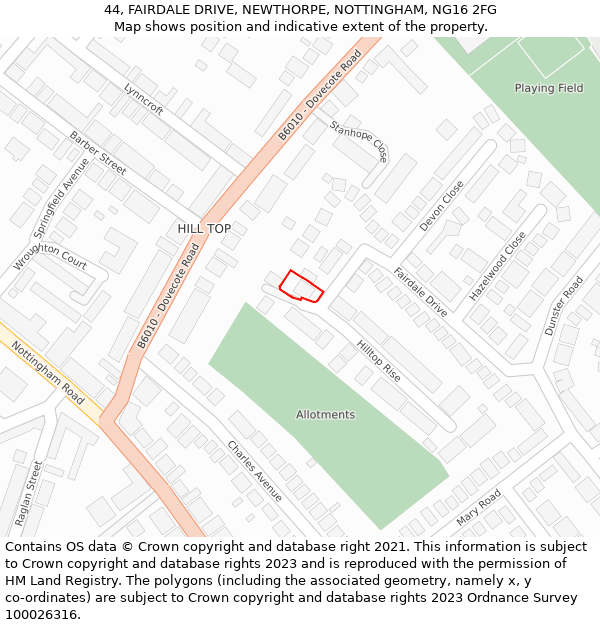 44, FAIRDALE DRIVE, NEWTHORPE, NOTTINGHAM, NG16 2FG: Location map and indicative extent of plot