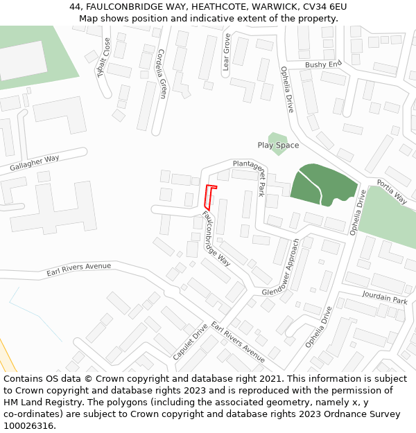 44, FAULCONBRIDGE WAY, HEATHCOTE, WARWICK, CV34 6EU: Location map and indicative extent of plot