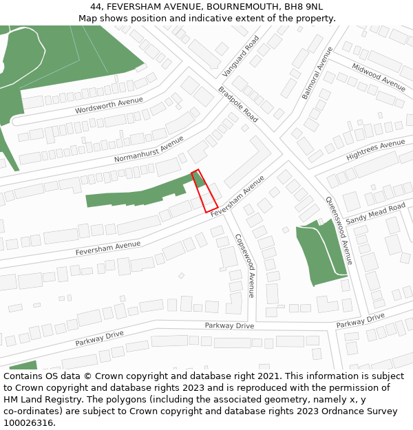 44, FEVERSHAM AVENUE, BOURNEMOUTH, BH8 9NL: Location map and indicative extent of plot