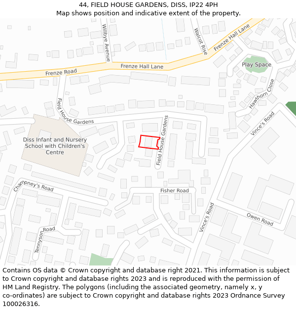 44, FIELD HOUSE GARDENS, DISS, IP22 4PH: Location map and indicative extent of plot