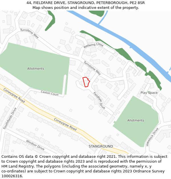 44, FIELDFARE DRIVE, STANGROUND, PETERBOROUGH, PE2 8SR: Location map and indicative extent of plot