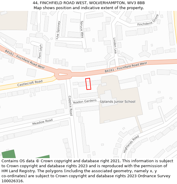 44, FINCHFIELD ROAD WEST, WOLVERHAMPTON, WV3 8BB: Location map and indicative extent of plot