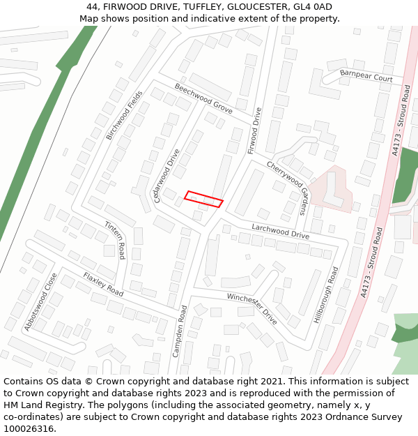 44, FIRWOOD DRIVE, TUFFLEY, GLOUCESTER, GL4 0AD: Location map and indicative extent of plot