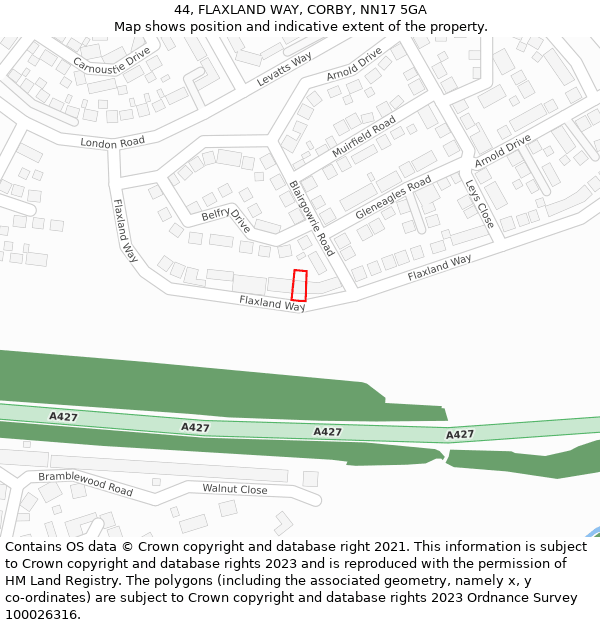 44, FLAXLAND WAY, CORBY, NN17 5GA: Location map and indicative extent of plot