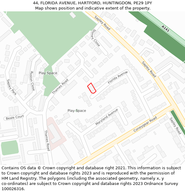 44, FLORIDA AVENUE, HARTFORD, HUNTINGDON, PE29 1PY: Location map and indicative extent of plot