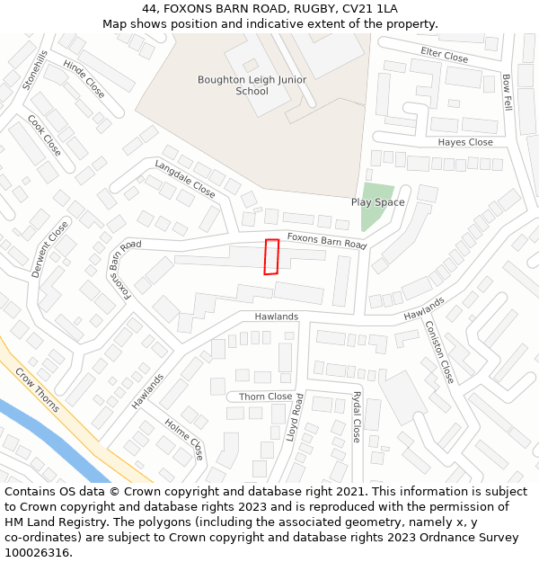 44, FOXONS BARN ROAD, RUGBY, CV21 1LA: Location map and indicative extent of plot