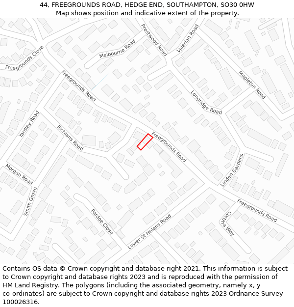 44, FREEGROUNDS ROAD, HEDGE END, SOUTHAMPTON, SO30 0HW: Location map and indicative extent of plot