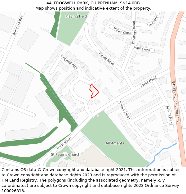 44, FROGWELL PARK, CHIPPENHAM, SN14 0RB: Location map and indicative extent of plot