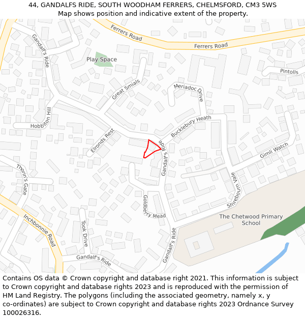 44, GANDALFS RIDE, SOUTH WOODHAM FERRERS, CHELMSFORD, CM3 5WS: Location map and indicative extent of plot