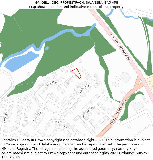 44, GELLI DEG, FFORESTFACH, SWANSEA, SA5 4PB: Location map and indicative extent of plot