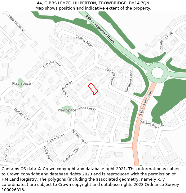 44, GIBBS LEAZE, HILPERTON, TROWBRIDGE, BA14 7QN: Location map and indicative extent of plot