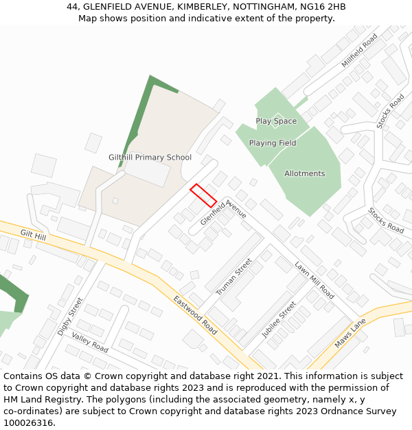 44, GLENFIELD AVENUE, KIMBERLEY, NOTTINGHAM, NG16 2HB: Location map and indicative extent of plot