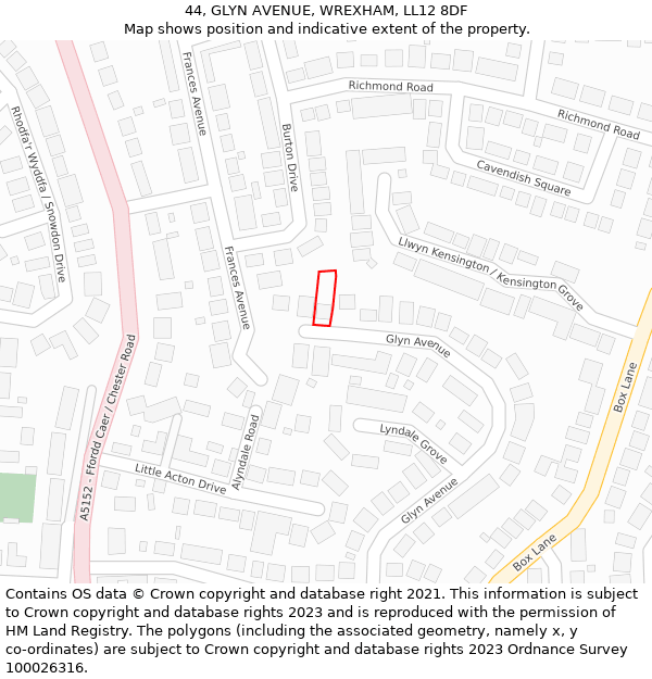 44, GLYN AVENUE, WREXHAM, LL12 8DF: Location map and indicative extent of plot