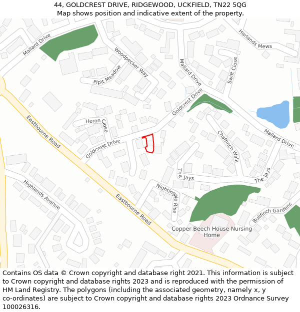 44, GOLDCREST DRIVE, RIDGEWOOD, UCKFIELD, TN22 5QG: Location map and indicative extent of plot