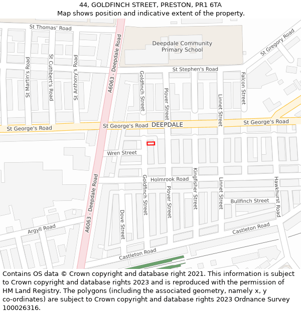 44, GOLDFINCH STREET, PRESTON, PR1 6TA: Location map and indicative extent of plot